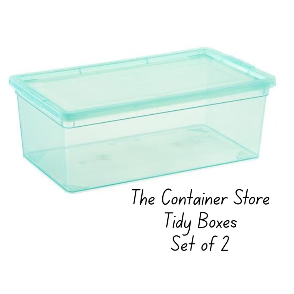The Container Store Tidy Boxes • Plastic Storage Boxes w/ Lids • Set of 2 • Aqua